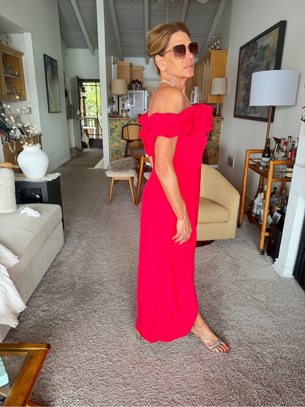 Phase Eight Off-Shoulder Ruffle Dress in Raspberry Pink - Picture 2 of 5